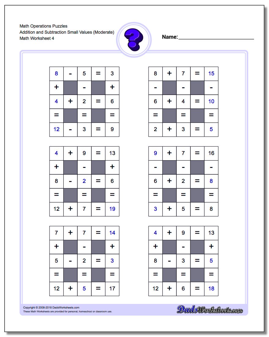 Math Operations Puzzle Addition and Subtraction Small Values (Moderate)