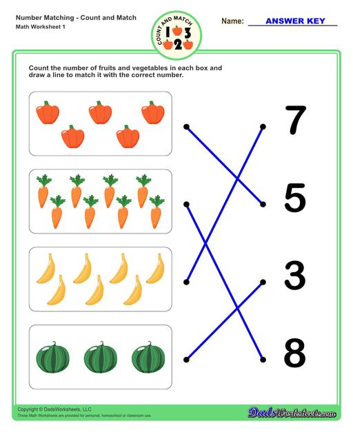 Number matching worksheets for preschool students to practice identifying and matching counts of objects to their number.  Number Matching V1