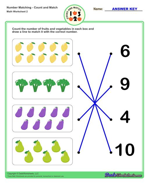 Number matching worksheets for preschool students to practice identifying and matching counts of objects to their number.  Number Matching V2