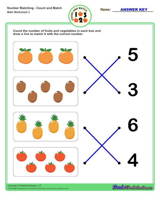 Number matching worksheets for preschool students to practice identifying and matching counts of objects to their number.  Number Matching V3