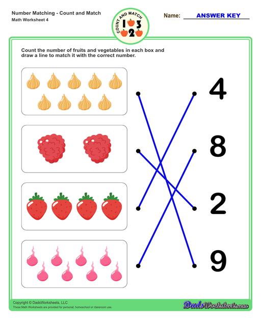 Number matching worksheets for preschool students to practice identifying and matching counts of objects to their number.  Number Matching V4