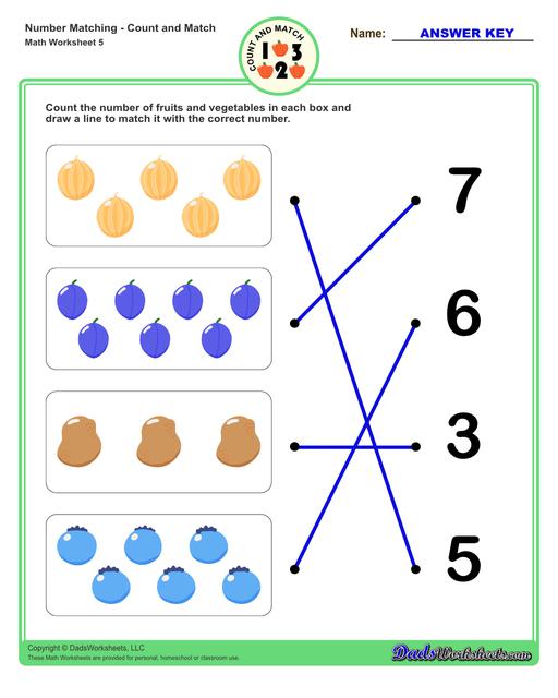 Number matching worksheets for preschool students to practice identifying and matching counts of objects to their number.  Number Matching V5