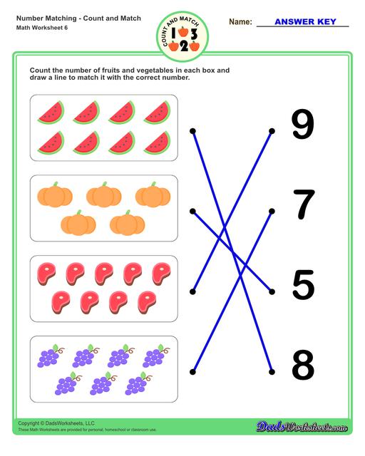 Number matching worksheets for preschool students to practice identifying and matching counts of objects to their number.  Number Matching V6