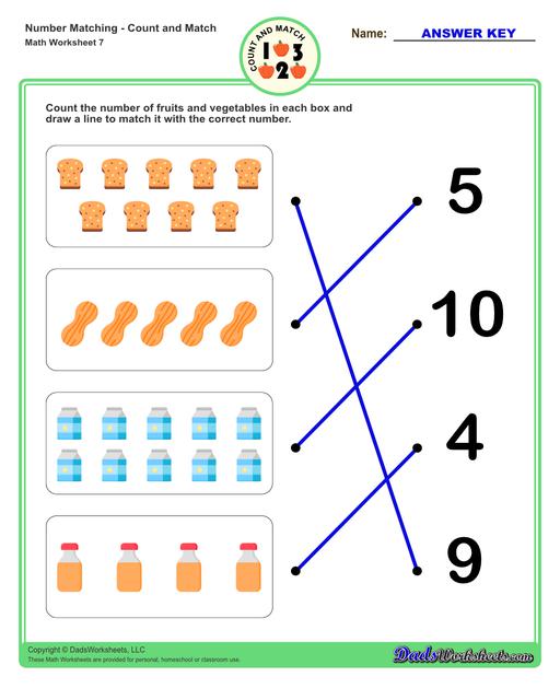 Number matching worksheets for preschool students to practice identifying and matching counts of objects to their number.  Number Matching V7