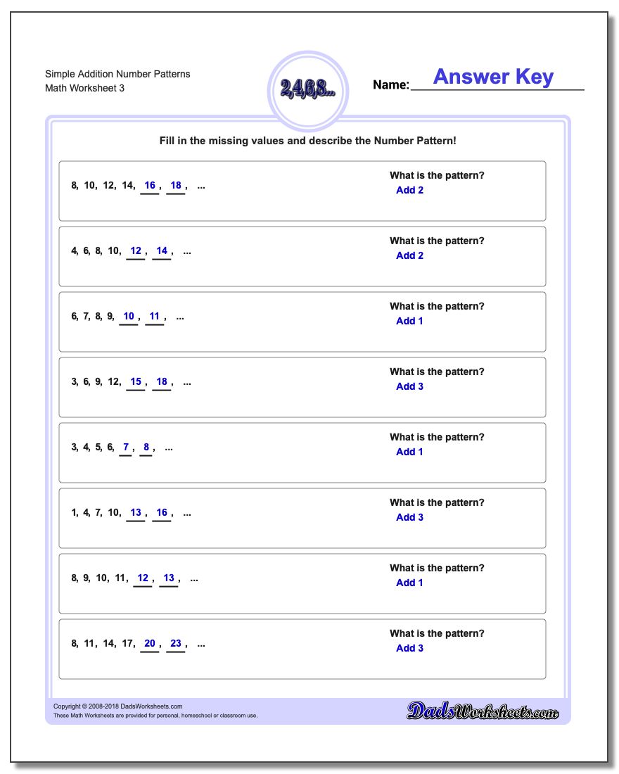 Simple Addition Worksheet Number Patterns