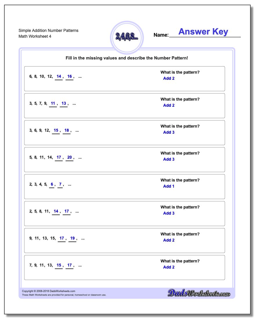 Simple Addition Worksheet Number Patterns