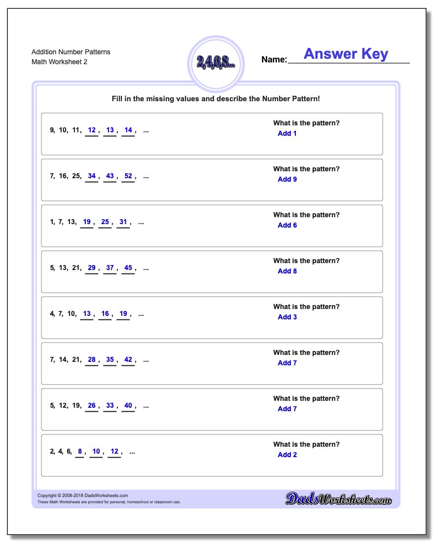 Addition Worksheet Number Patterns www.dadsworksheets.com/worksheets/number-patterns.html