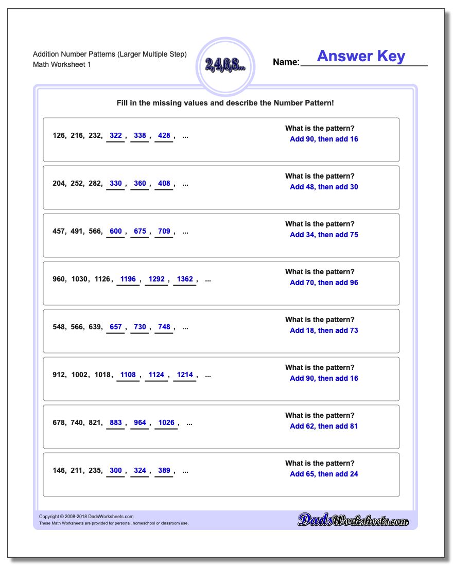 Number Patterns Addition Worksheet (Larger Multiple Step)