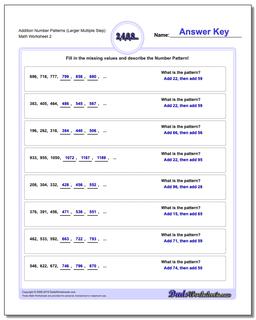 Addition Worksheet Number Patterns (Larger Multiple Step) /worksheets/number-patterns.html