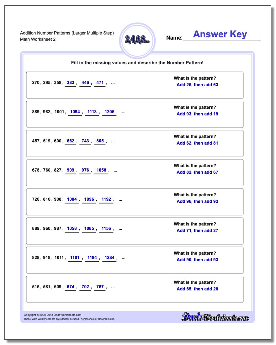 Addition Worksheet Number Patterns (Larger Multiple Step) www.dadsworksheets.com/worksheets/number-patterns.html
