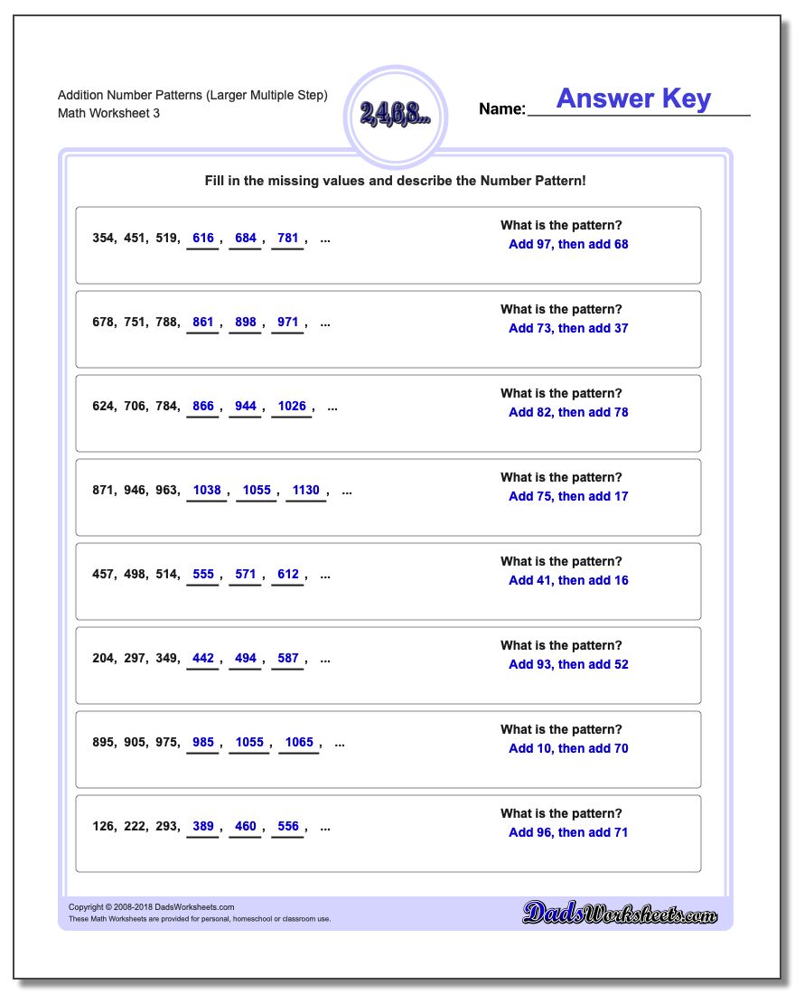 Addition Worksheet Number Patterns (Larger Multiple Step)