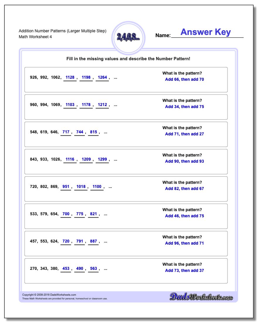 Addition Worksheet Number Patterns (Larger Multiple Step)