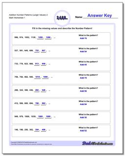 Number Patterns Addition Worksheet (Larger Values) 2