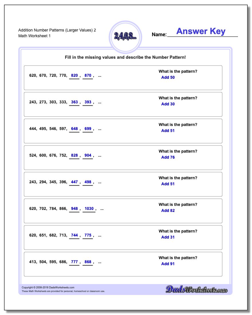 Number Patterns Addition Worksheet (Larger Values) 2