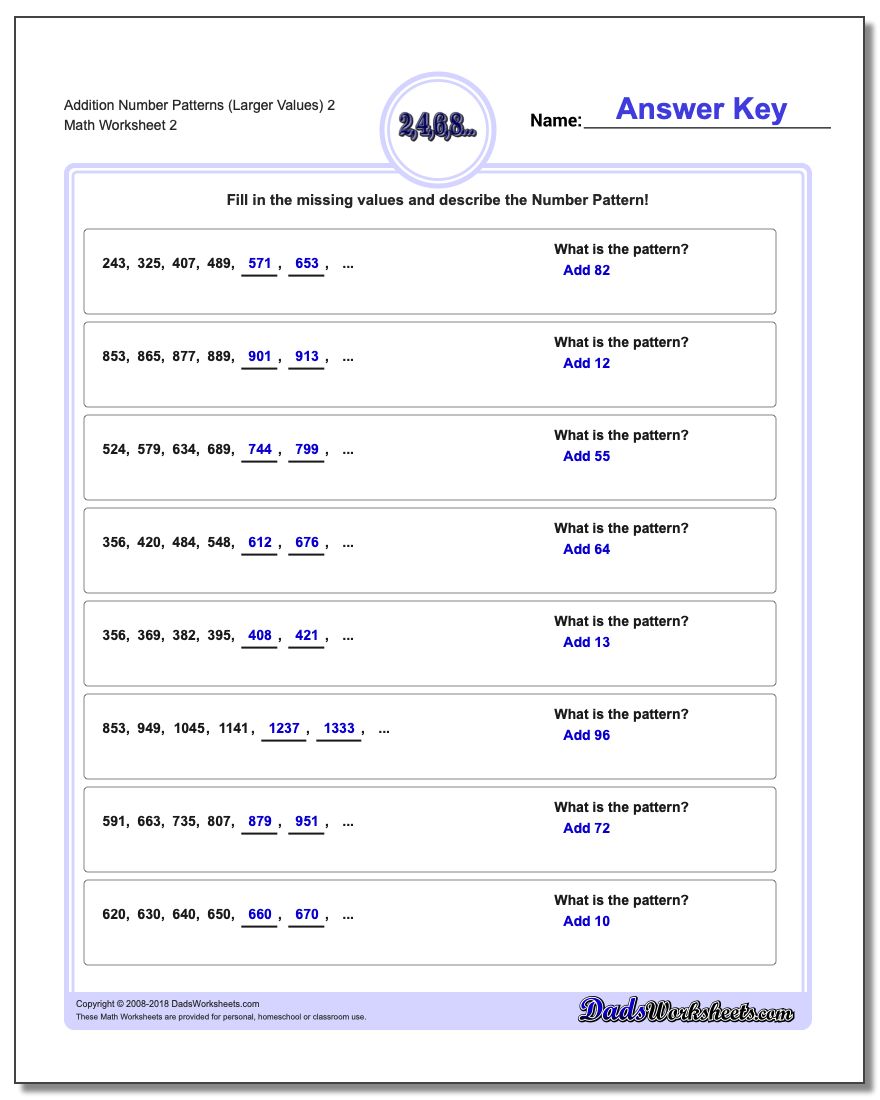 Addition Worksheet Number Patterns (Larger Values) 2 www.dadsworksheets.com/worksheets/number-patterns.html