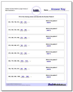 Addition Worksheet Number Patterns (Larger Values) 2