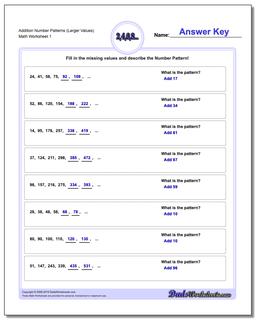 Number Patterns Addition Worksheet (Larger Values)