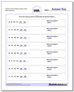 Addition Worksheet Number Patterns (Larger Values)