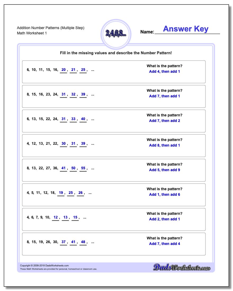 Number Patterns Addition Worksheet (Multiple Step)