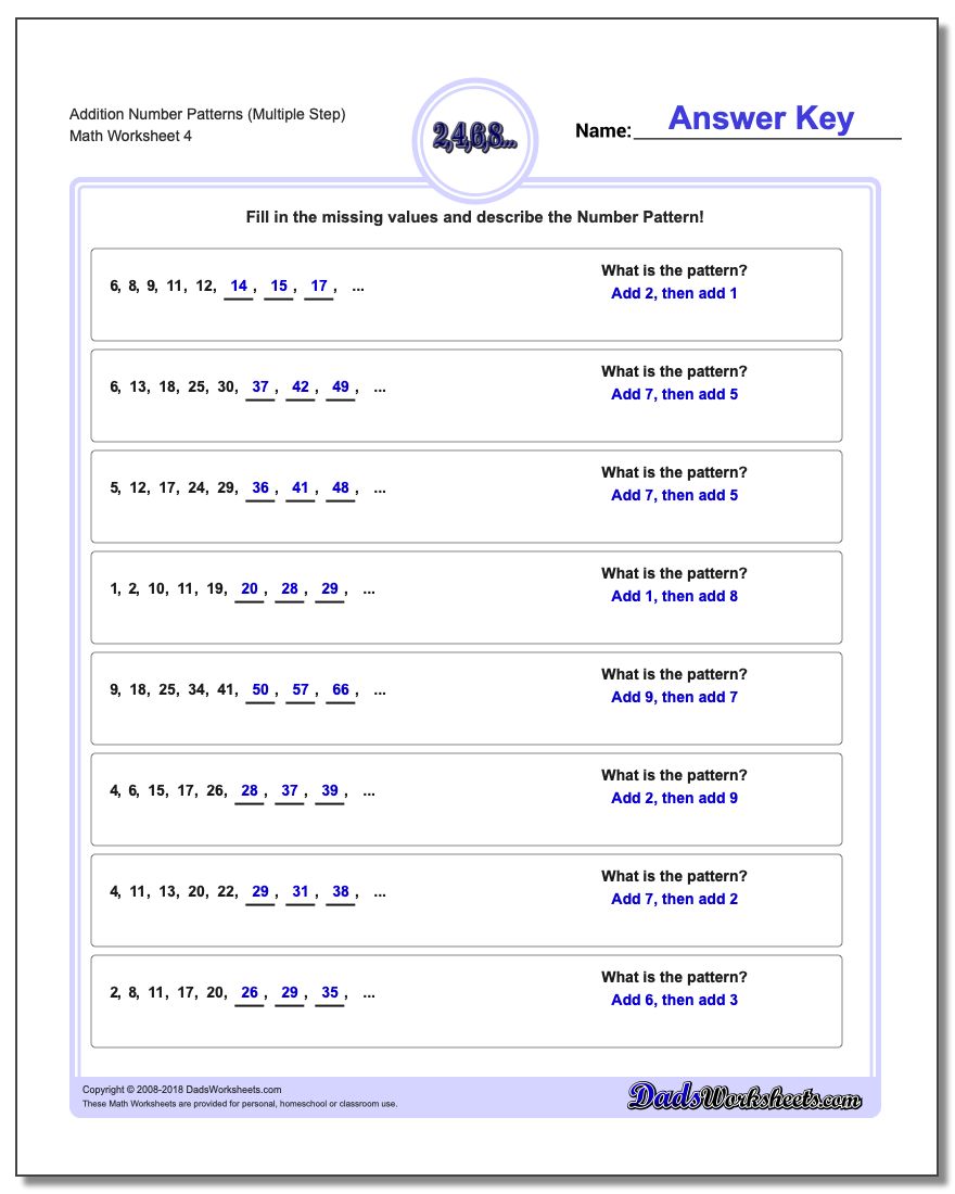 Addition Worksheet Number Patterns (Multiple Step)