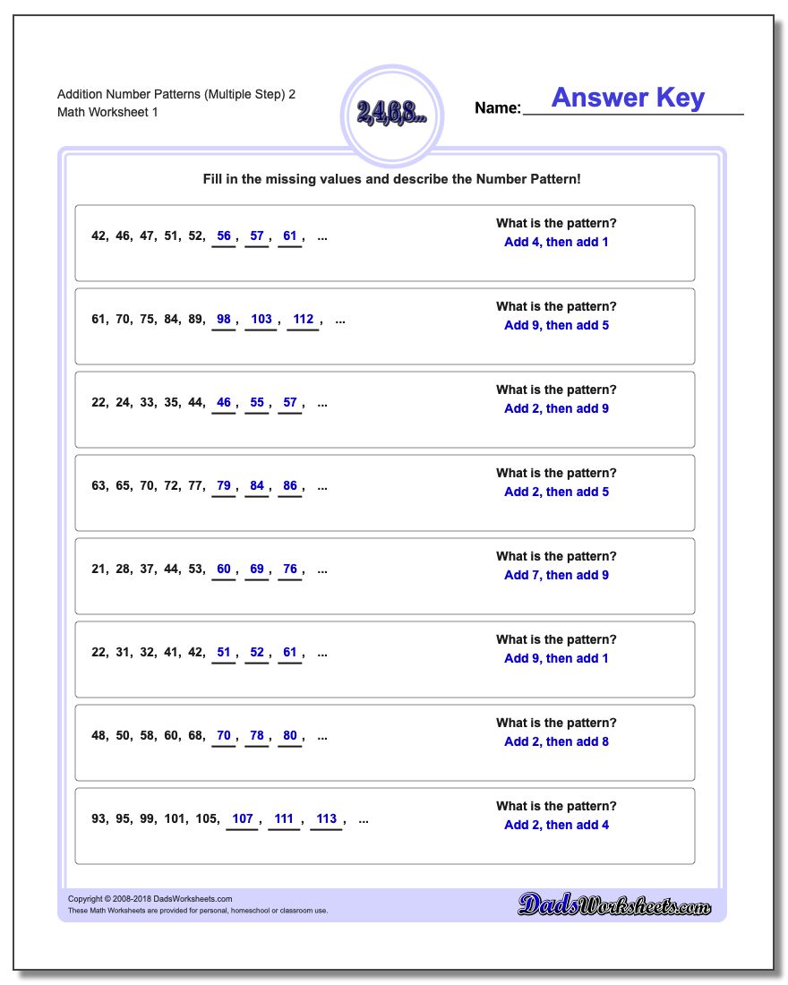 Number Patterns Addition Worksheet (Multiple Step) 2