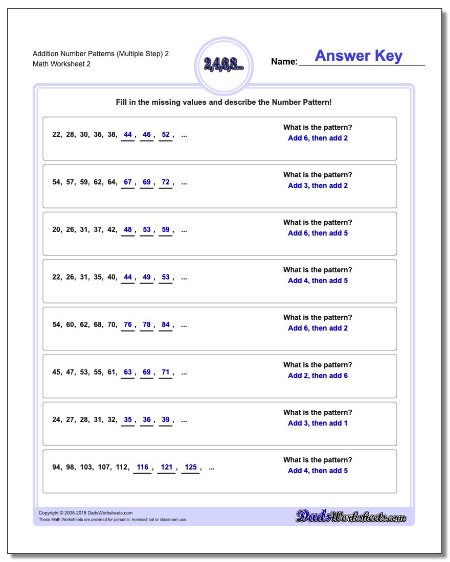 Addition Worksheet Number Patterns (Multiple Step) 2 www.dadsworksheets.com/worksheets/number-patterns.html
