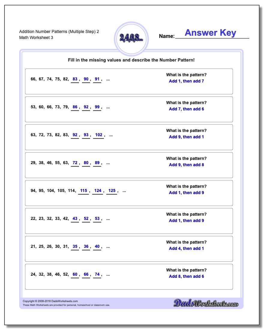 Addition Worksheet Number Patterns (Multiple Step) 2