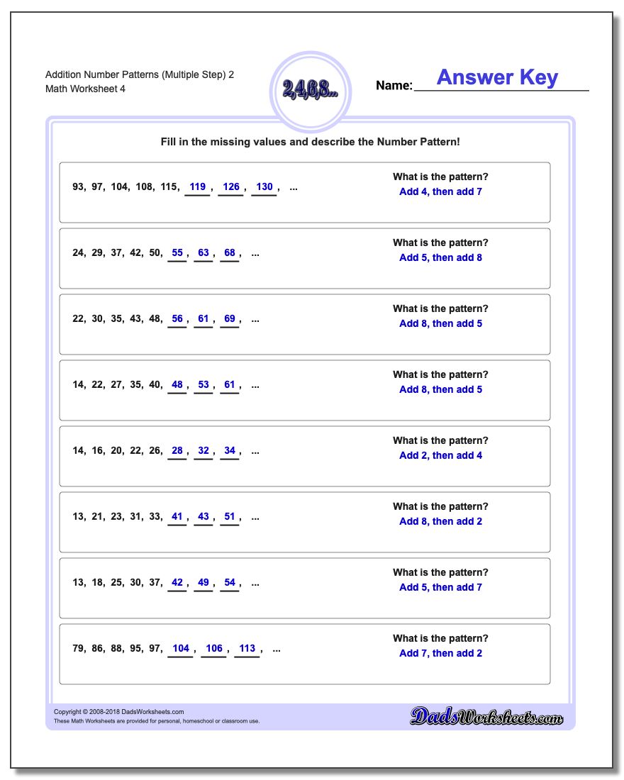 Addition Worksheet Number Patterns (Multiple Step) 2