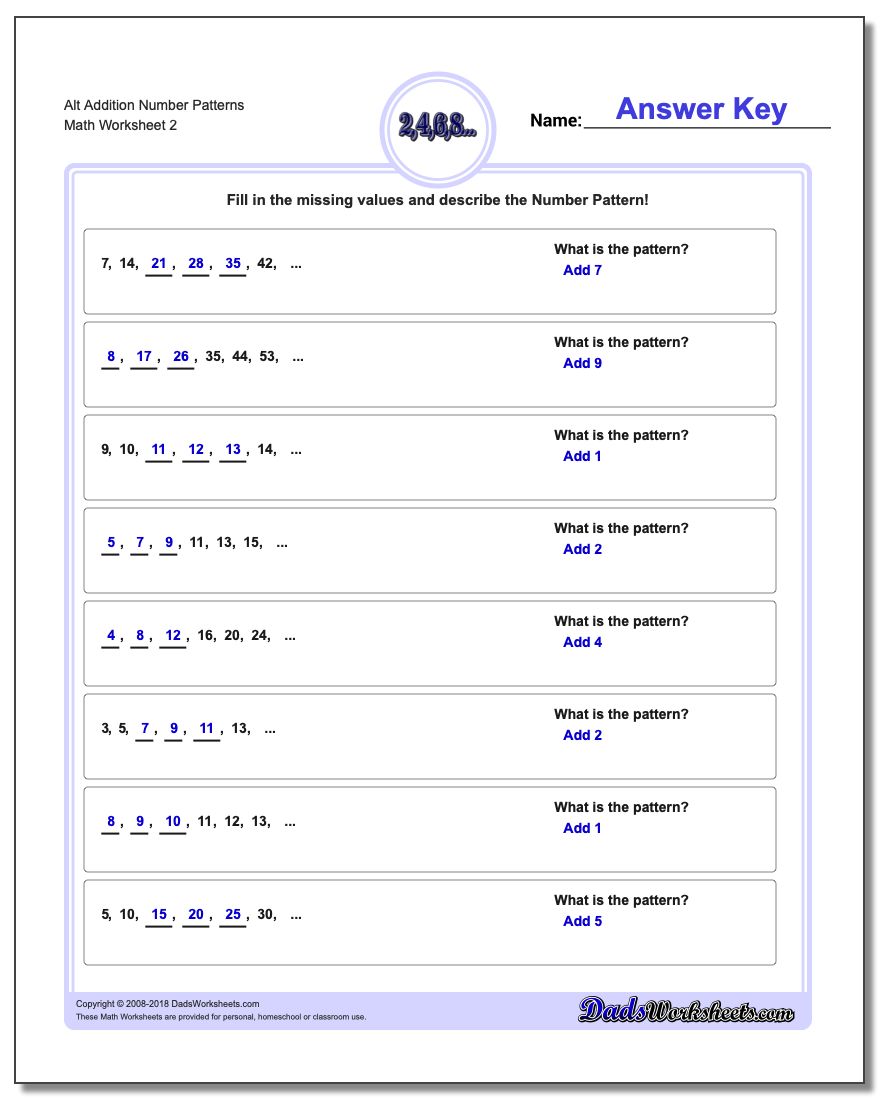 Alt Addition Worksheet Number Patterns www.dadsworksheets.com/worksheets/number-patterns.html