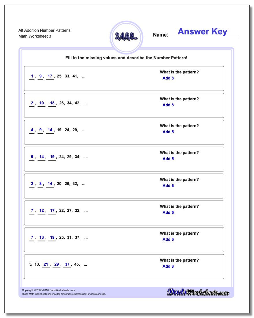 Alt Addition Worksheet Number Patterns
