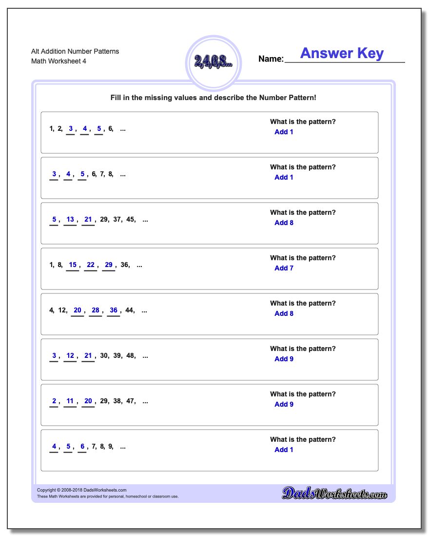 Alt Addition Worksheet Number Patterns