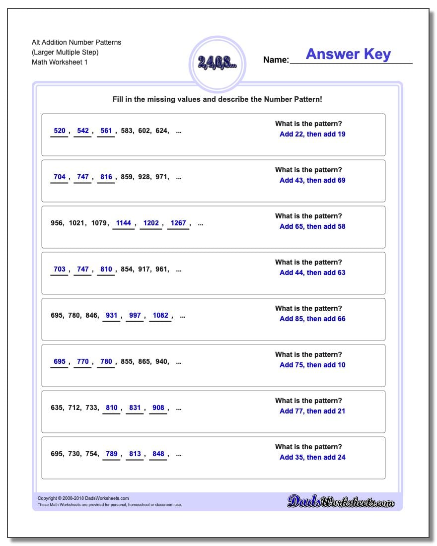 Number Patterns Alt Addition Worksheet (Larger Multiple Step)