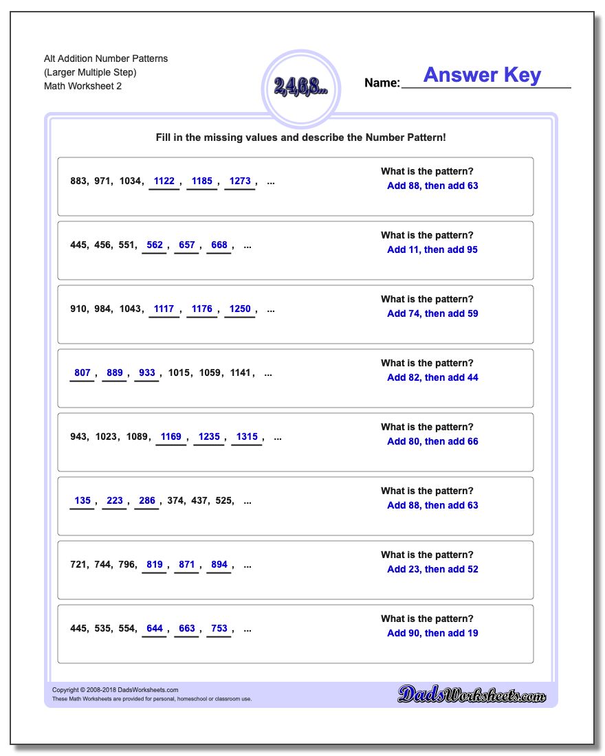 Alt Addition Worksheet Number Patterns (Larger Multiple Step) www.dadsworksheets.com/worksheets/number-patterns.html