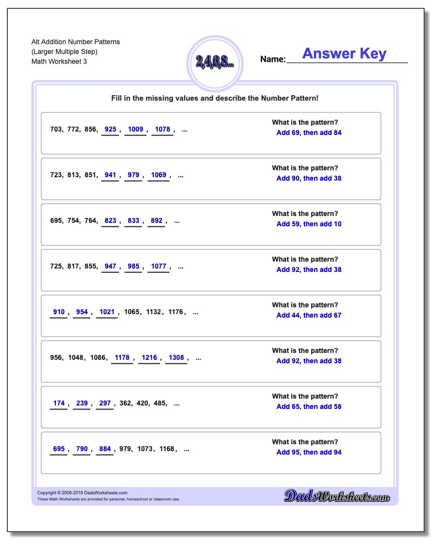 Alt Addition Worksheet Number Patterns (Larger Multiple Step)