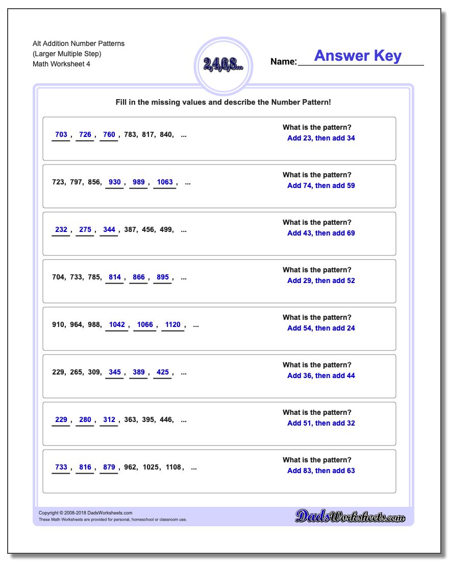 Alt Addition Worksheet Number Patterns (Larger Multiple Step)