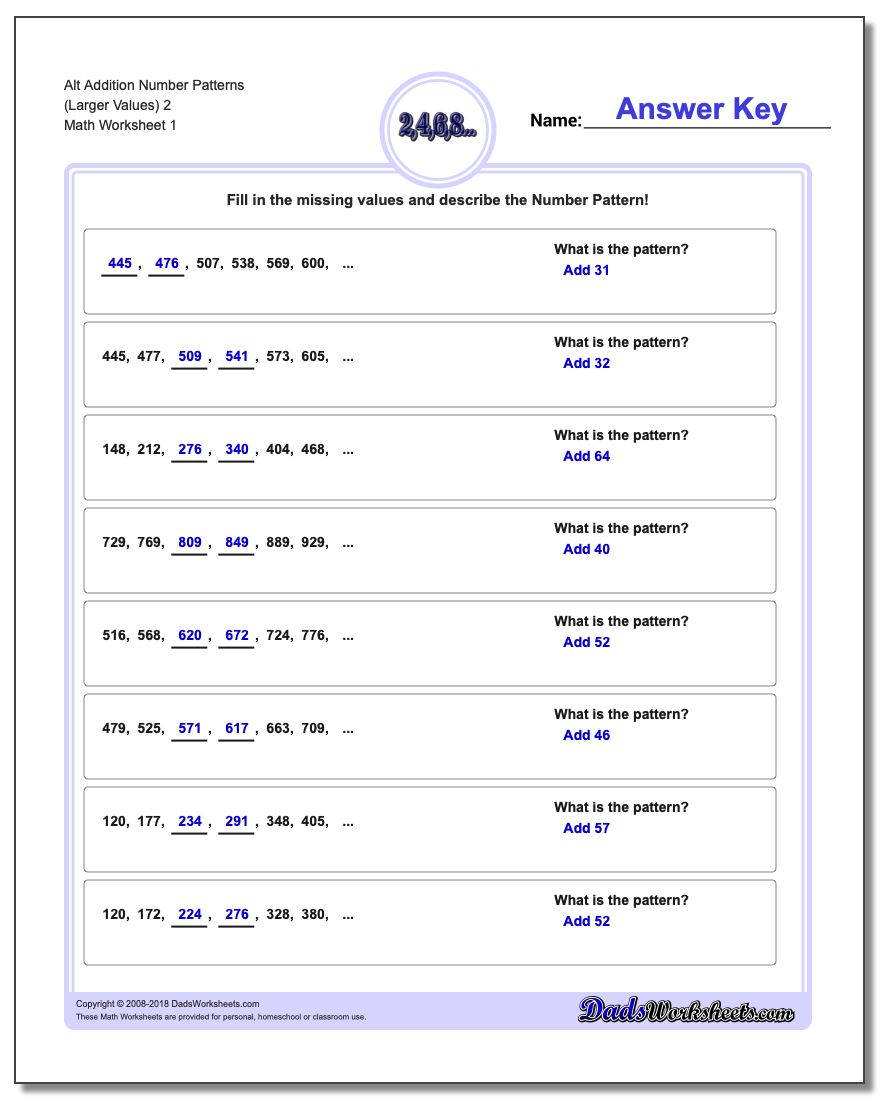 Number Patterns Alt Addition Worksheet (Larger Values) 2