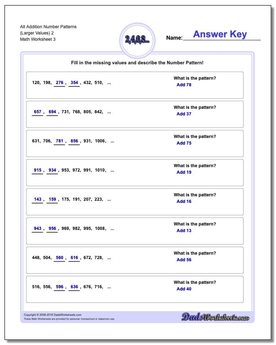 Alt Addition Worksheet Number Patterns (Larger Values) 2