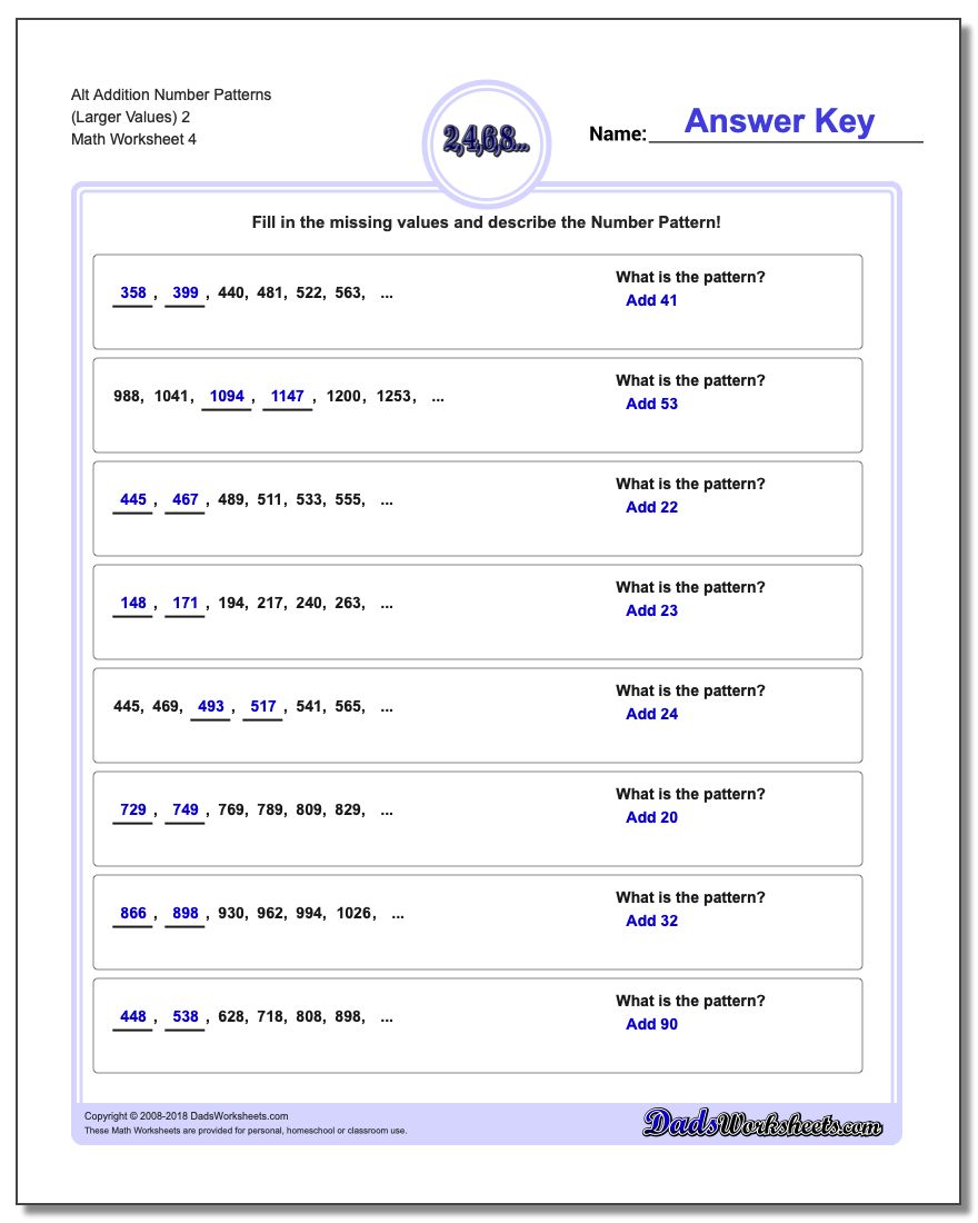 Alt Addition Worksheet Number Patterns (Larger Values) 2