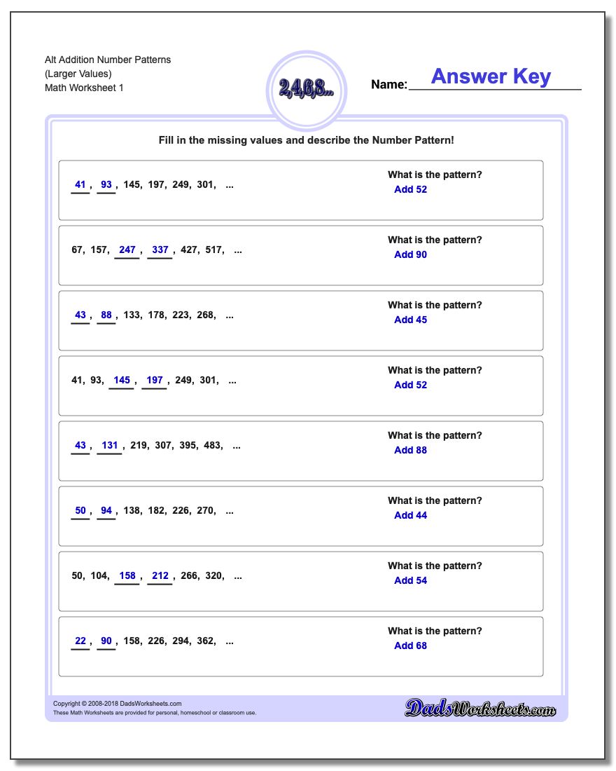 Number Patterns Alt Addition Worksheet (Larger Values)