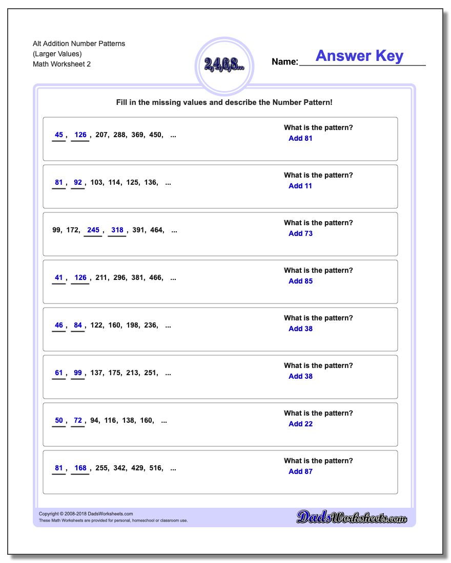 Alt Addition Worksheet Number Patterns (Larger Values) www.dadsworksheets.com/worksheets/number-patterns.html