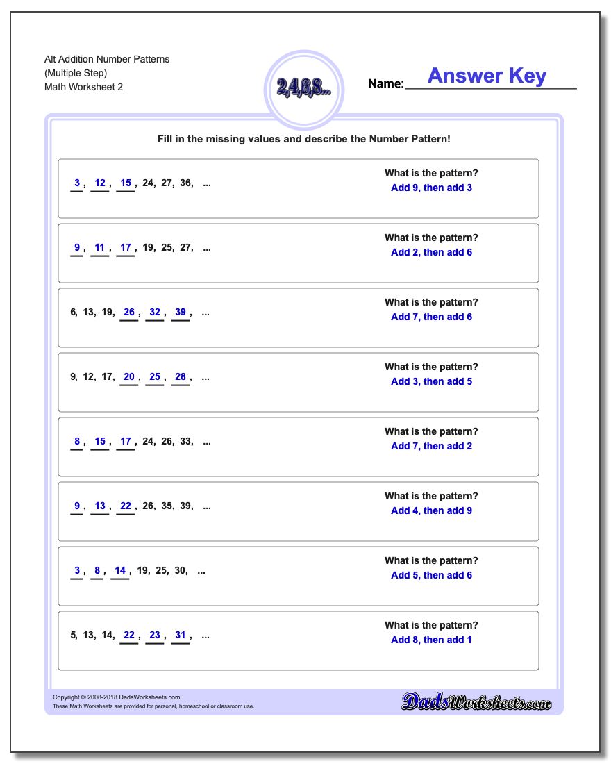 Alt Addition Worksheet Number Patterns (Multiple Step) www.dadsworksheets.com/worksheets/number-patterns.html