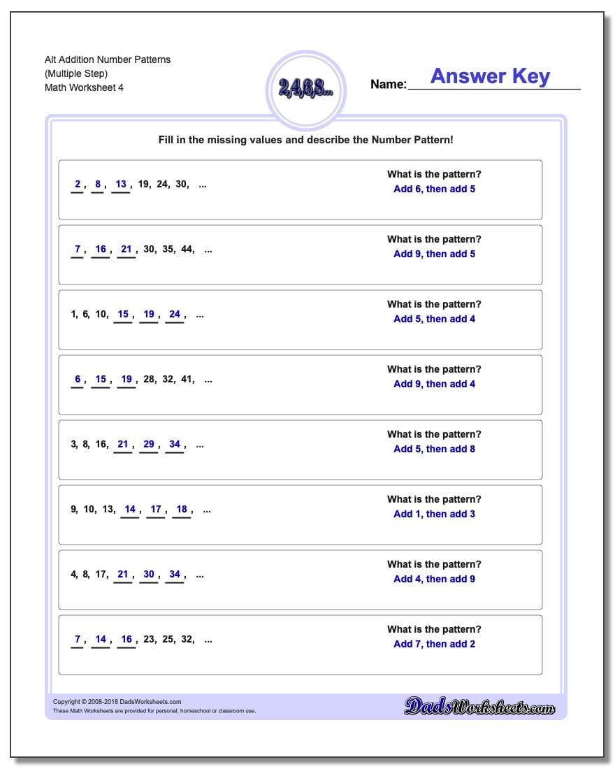 Alt Addition Worksheet Number Patterns (Multiple Step)