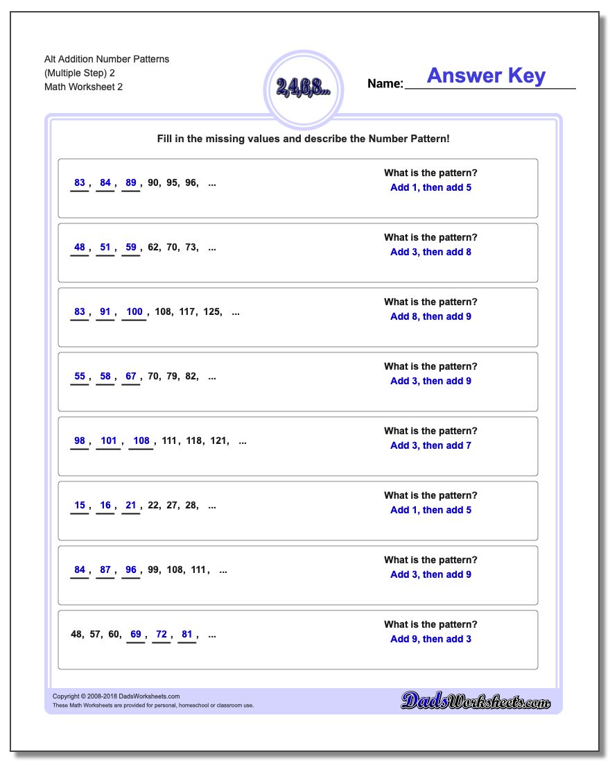 Alt Addition Worksheet Number Patterns (Multiple Step) 2 www.dadsworksheets.com/worksheets/number-patterns.html
