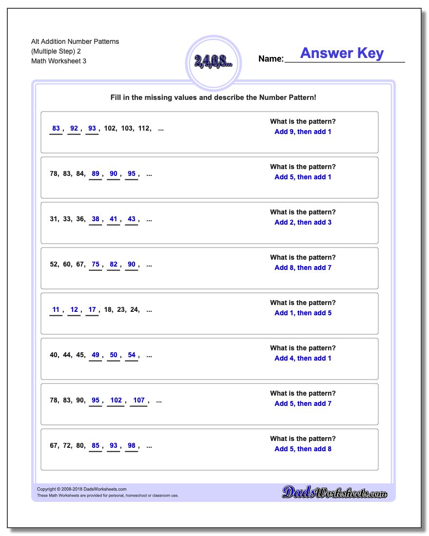 Alt Addition Worksheet Number Patterns (Multiple Step) 2