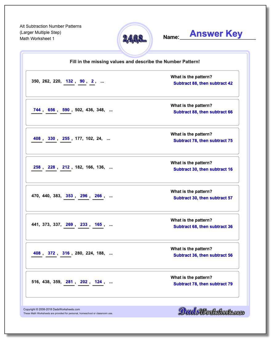 Number Patterns Alt Subtraction Worksheet (Larger Multiple Step)