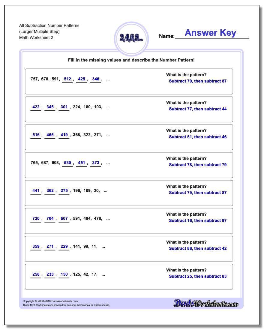 Alt Subtraction Worksheet Number Patterns (Larger Multiple Step) www.dadsworksheets.com/worksheets/number-patterns.html