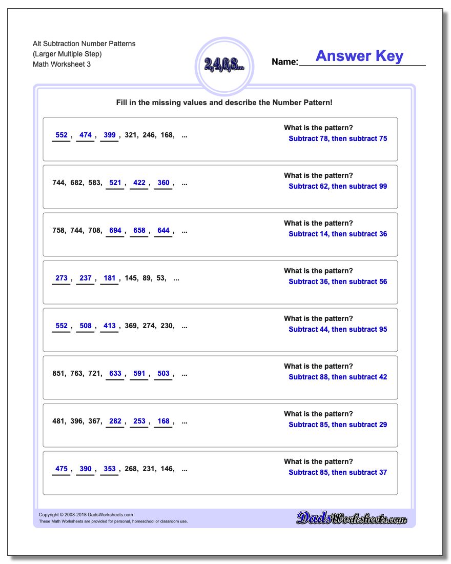 Alt Subtraction Worksheet Number Patterns (Larger Multiple Step)