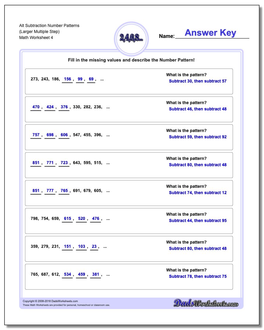 Alt Subtraction Worksheet Number Patterns (Larger Multiple Step)