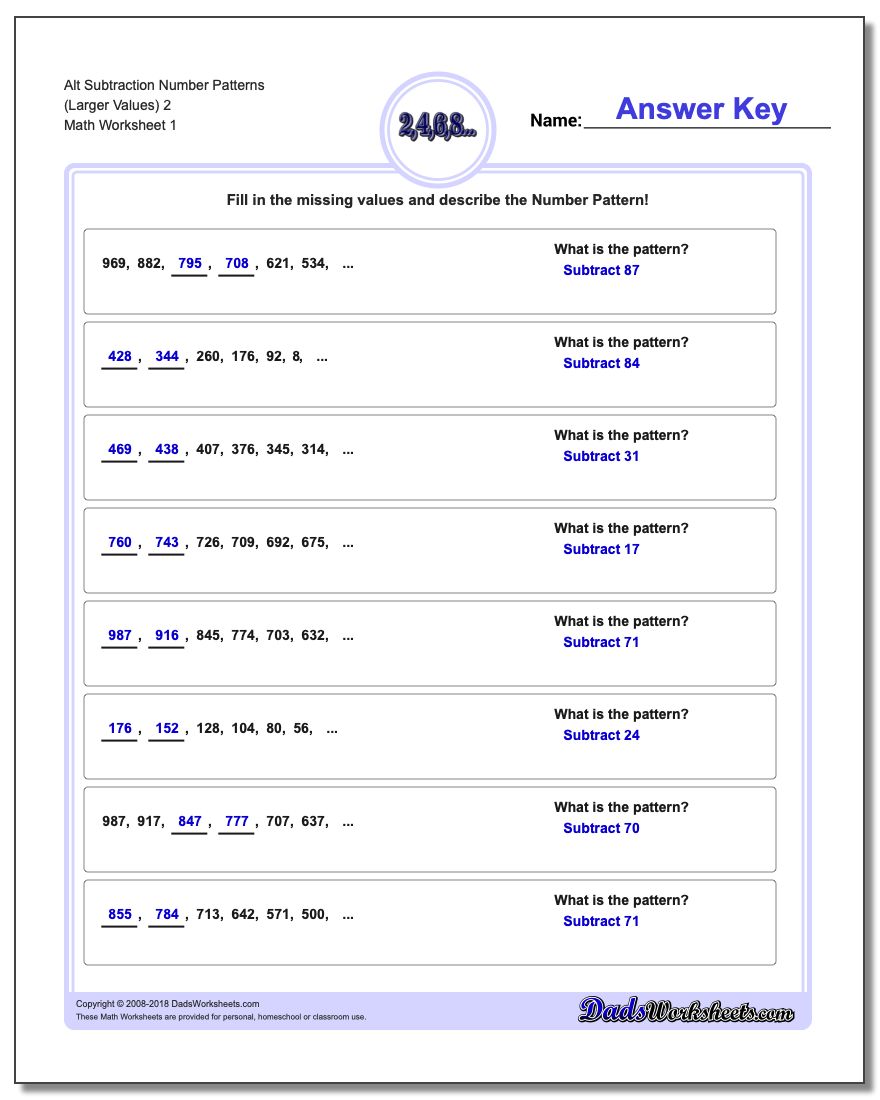 Number Patterns Alt Subtraction Worksheet (Larger Values) 2