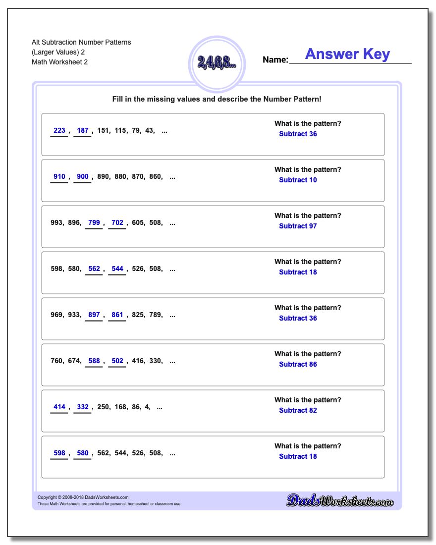 Alt Subtraction Worksheet Number Patterns (Larger Values) 2 www.dadsworksheets.com/worksheets/number-patterns.html